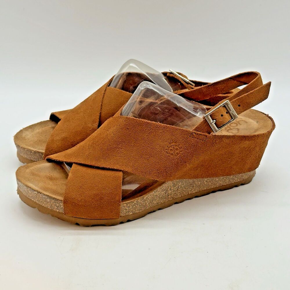 Yokono Wedge Sandals Women's 8 Brown Suede Leather Cross Strap Slingback Spain